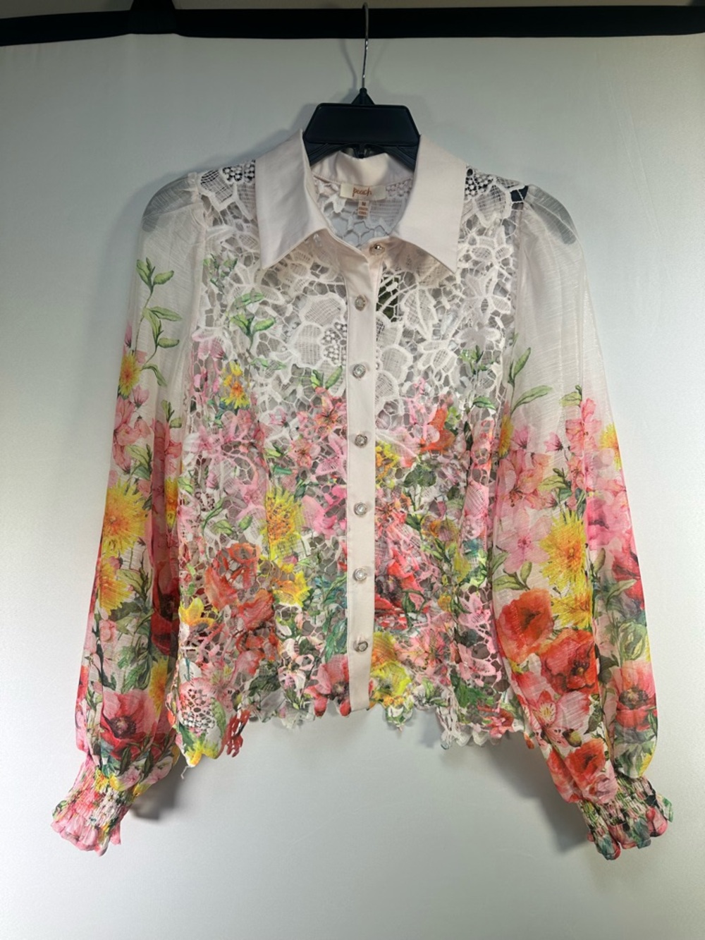 Floral Lace Button-Front Blouse - White/Pink/Yellow